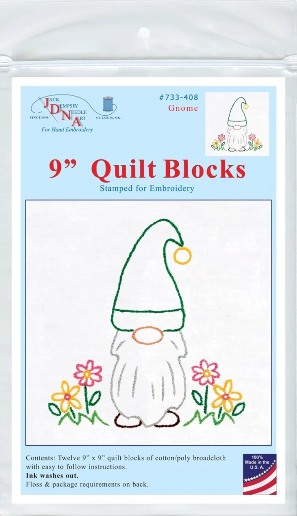 Jack Dempsey Stamped White Quilt Blocks 9"X9" 12/Pkg-Gnome -733 408